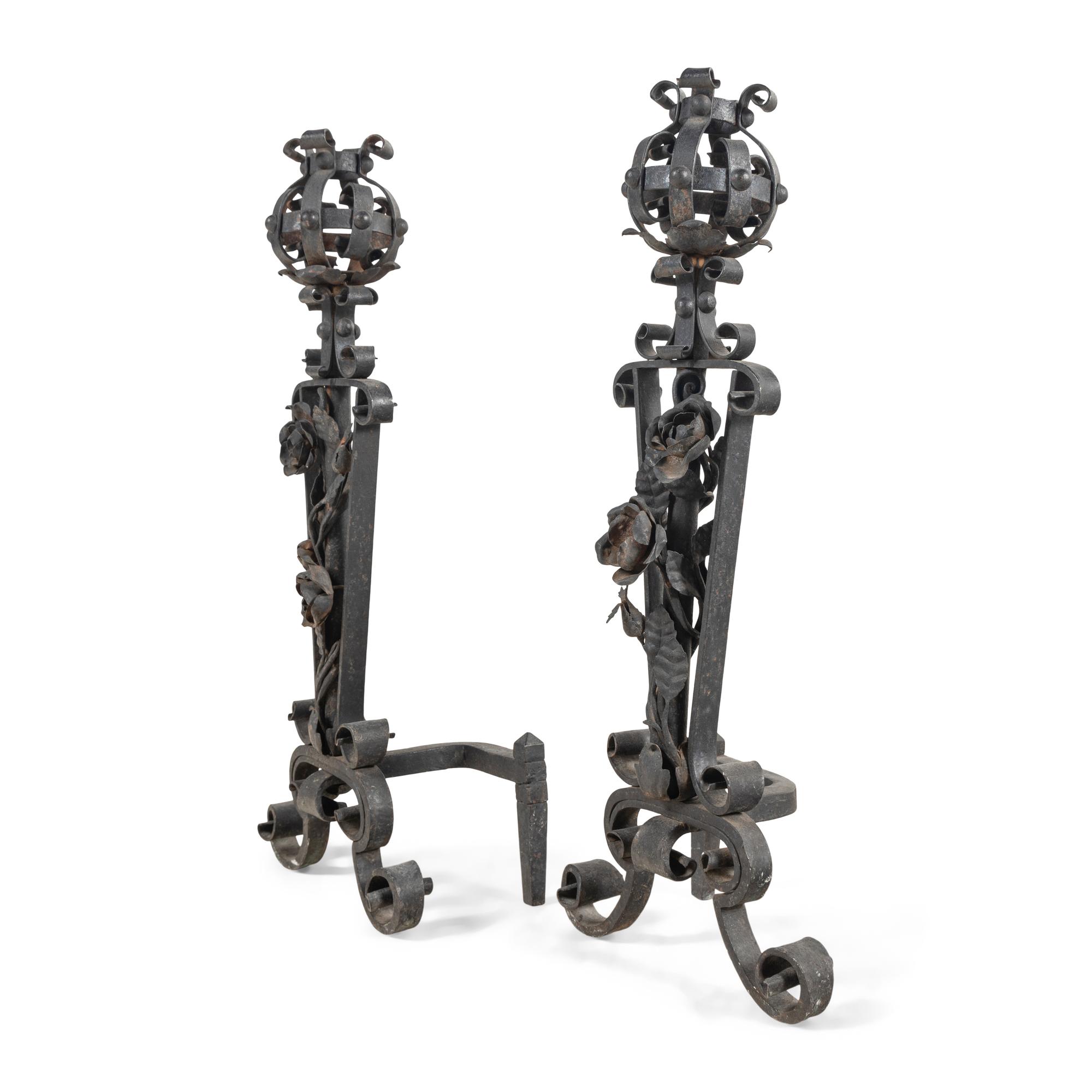 A Pair of Baroque Style Wrought Iron Andirons