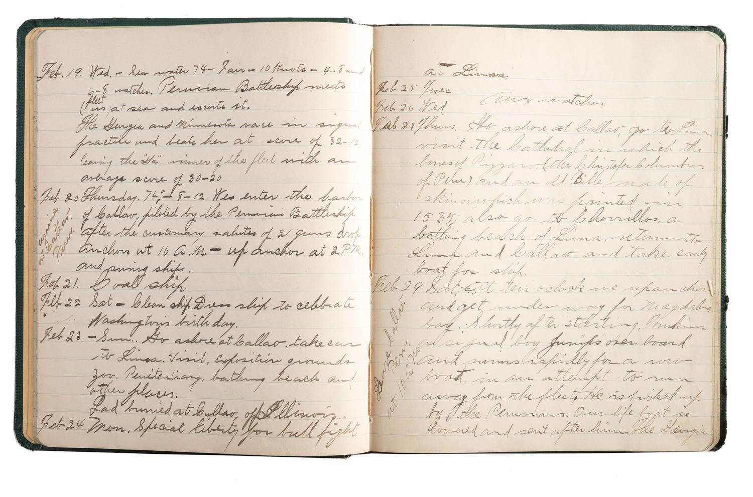 [US NAVY]. Diary kept by Lawrence R. Thompson (1883-1973) while serving on board the USS Georgia and navigating the globe as part of the the Great White Fleet, with document box, naval ephemera, and framed banners.