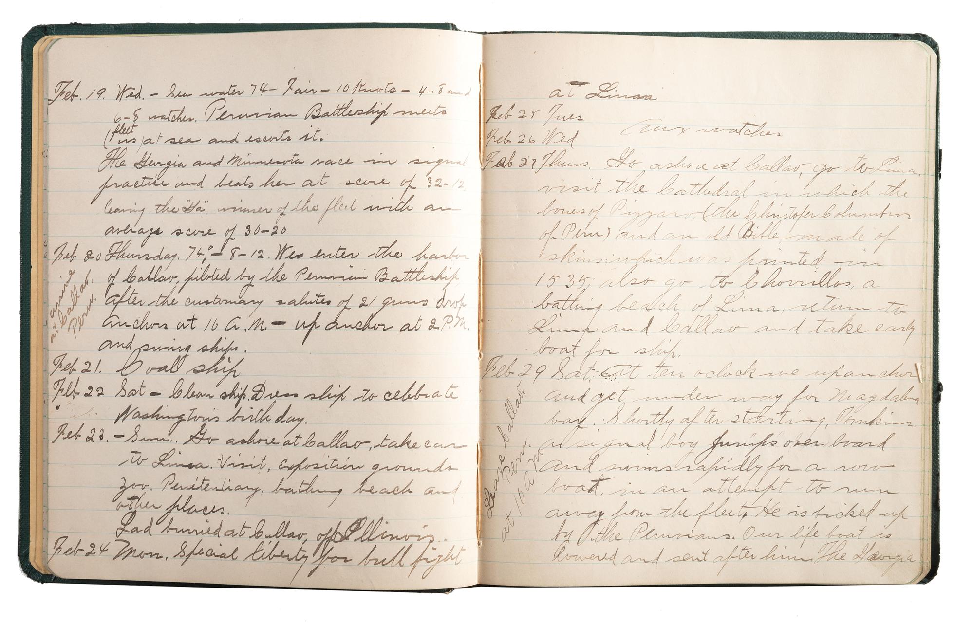 [US NAVY]. Diary kept by Lawrence R. Thompson (1883-1973) while serving on board the USS Georgia and navigating the globe as part of the the Great White Fleet, with document box, naval ephemera, and framed banners.