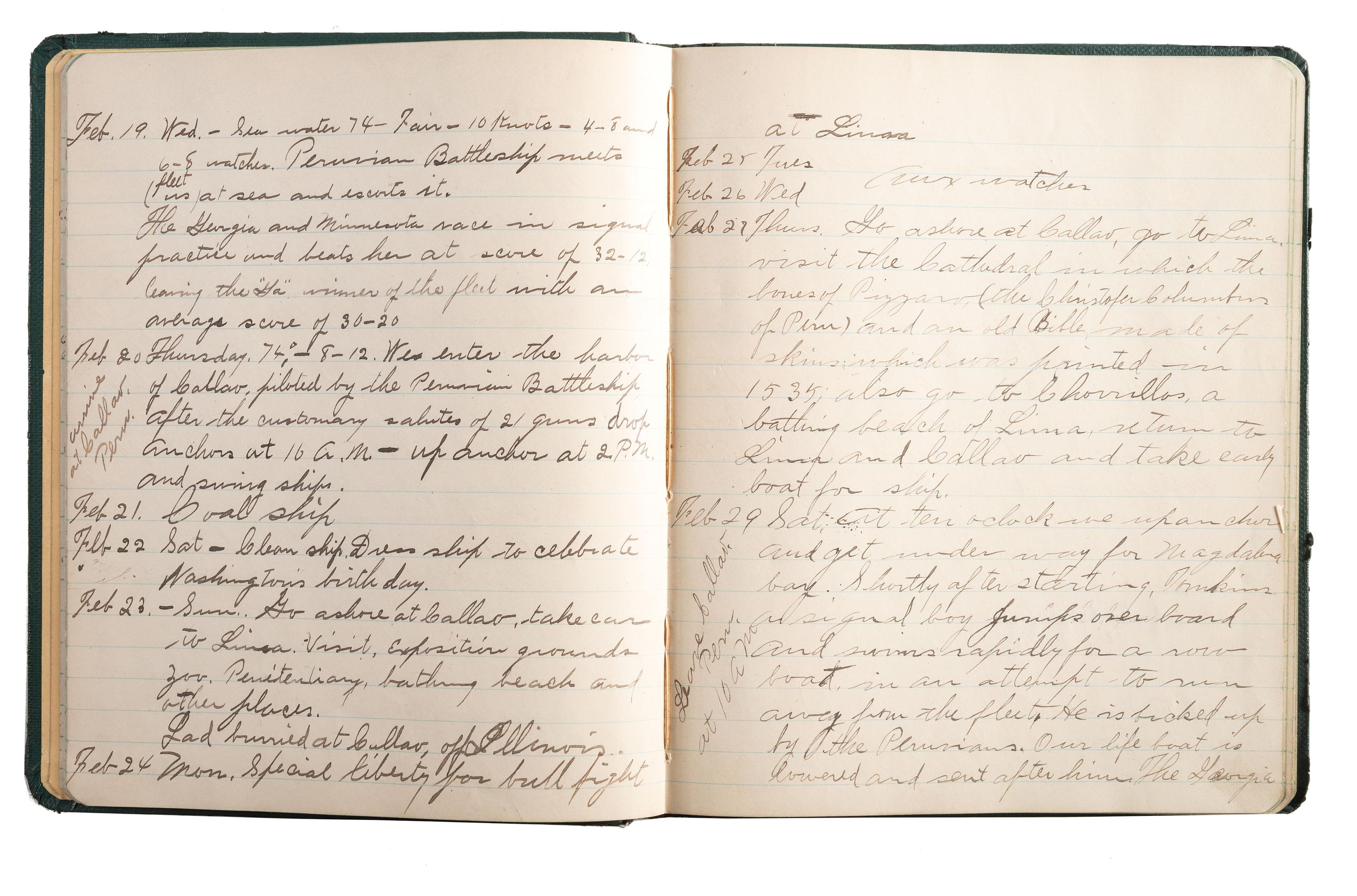 [US NAVY]. Diary kept by Lawrence R. Thompson (1883-1973) while serving on board the USS Georgia and navigating the globe as part of the the Great White Fleet, with document box, naval ephemera, and framed banners.