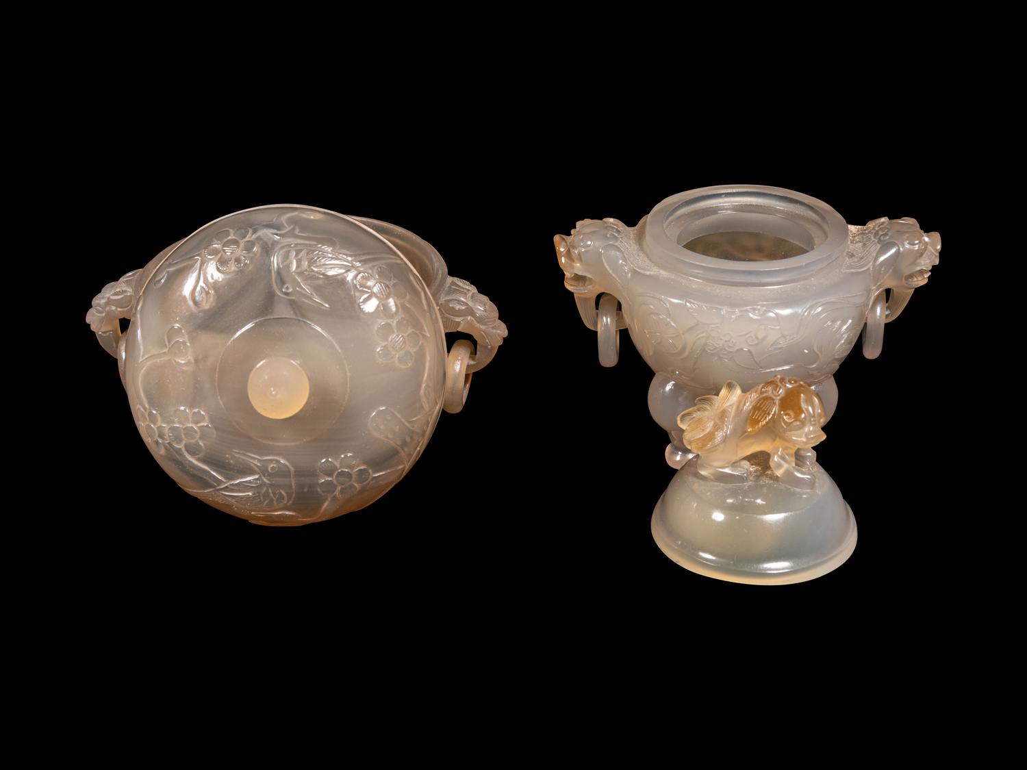 Two Carved Agate Covered Vessels
