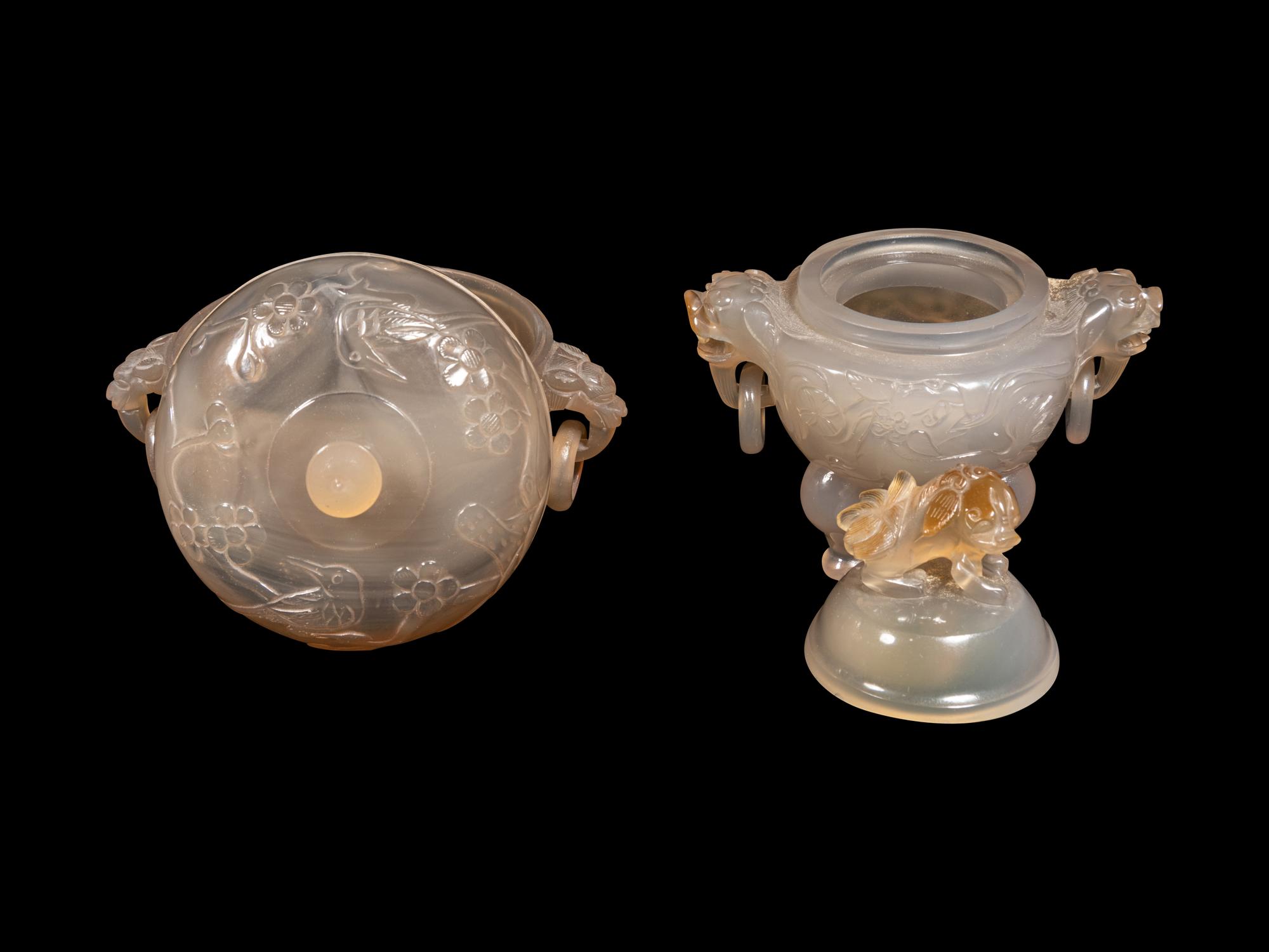 Two Carved Agate Covered Vessels