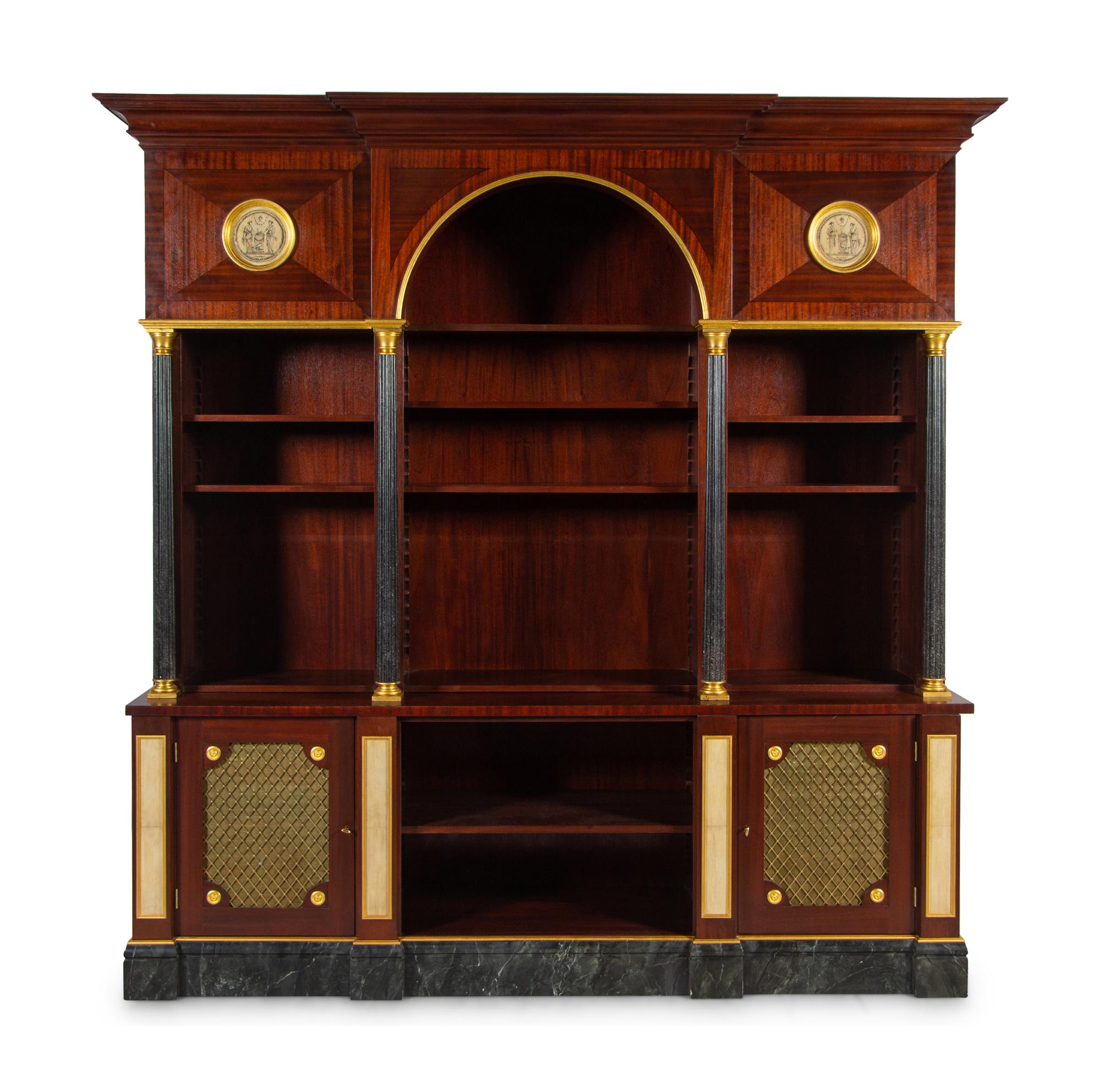 APPROVED FOR DONATION A Neoclassical Style Gilt Metal Mounted Mahogany and Faux Marble Illuminated Bookcase