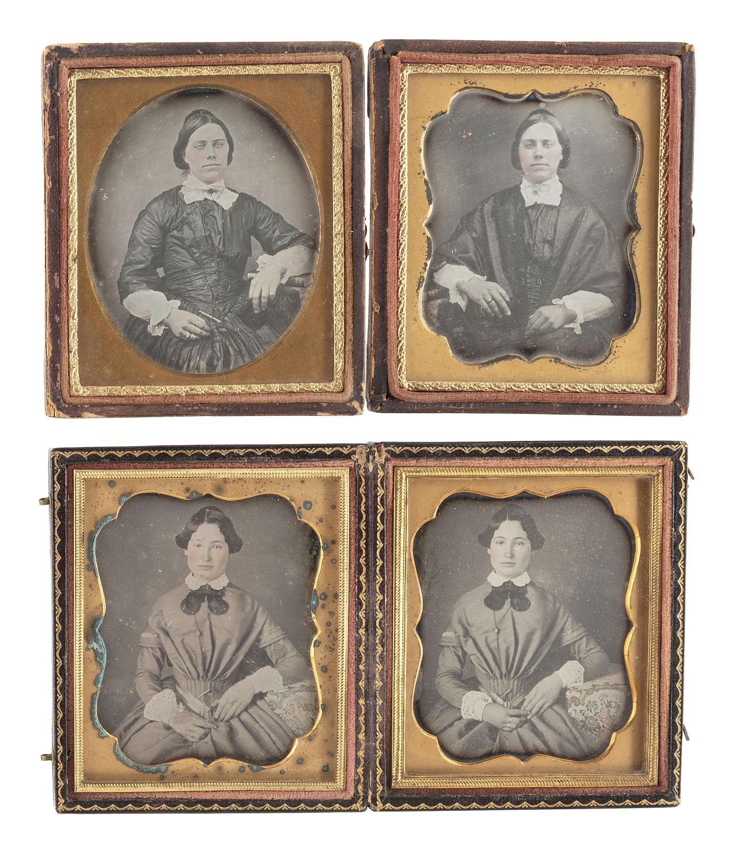 [EARLY PHOTOGRAPHY]. A collection of pairs and trios of cased images featuring the same female subjects, including: