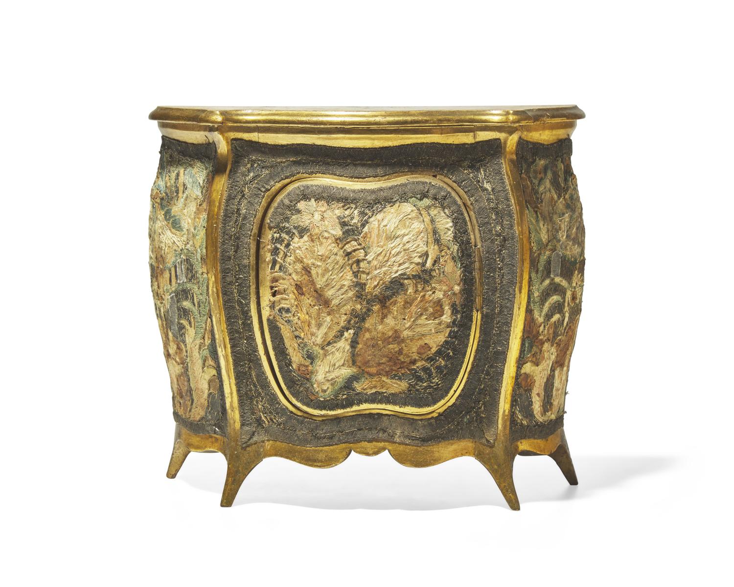 A miniature Continental giltwood and featherwork-mounted bombé commode, 18th / 19th century