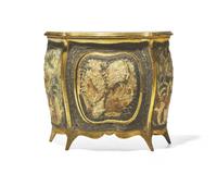 A miniature Continental giltwood and featherwork-mounted bombé commode, 18th / 19th century