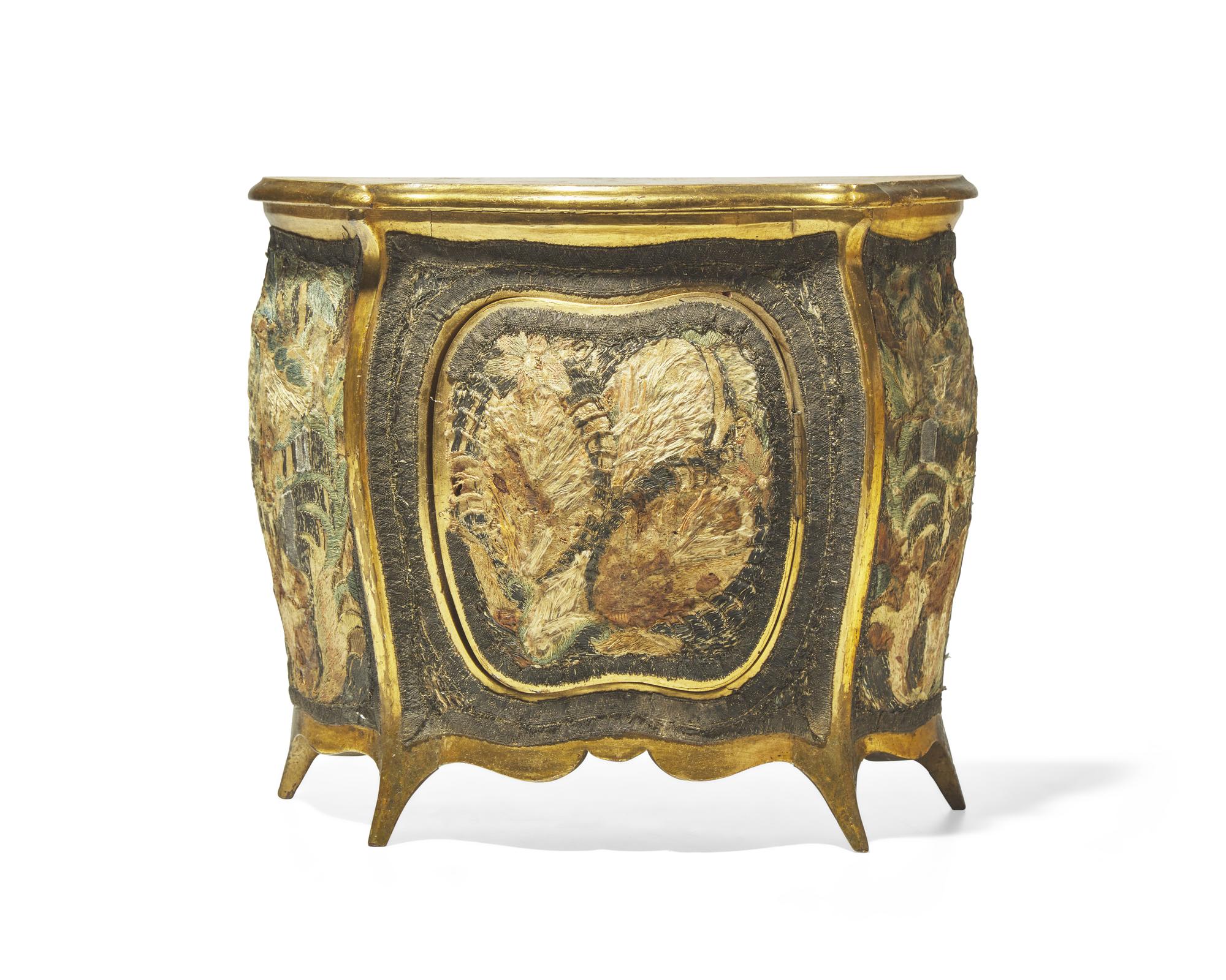 A miniature Continental giltwood and featherwork-mounted bombé commode, 18th / 19th century