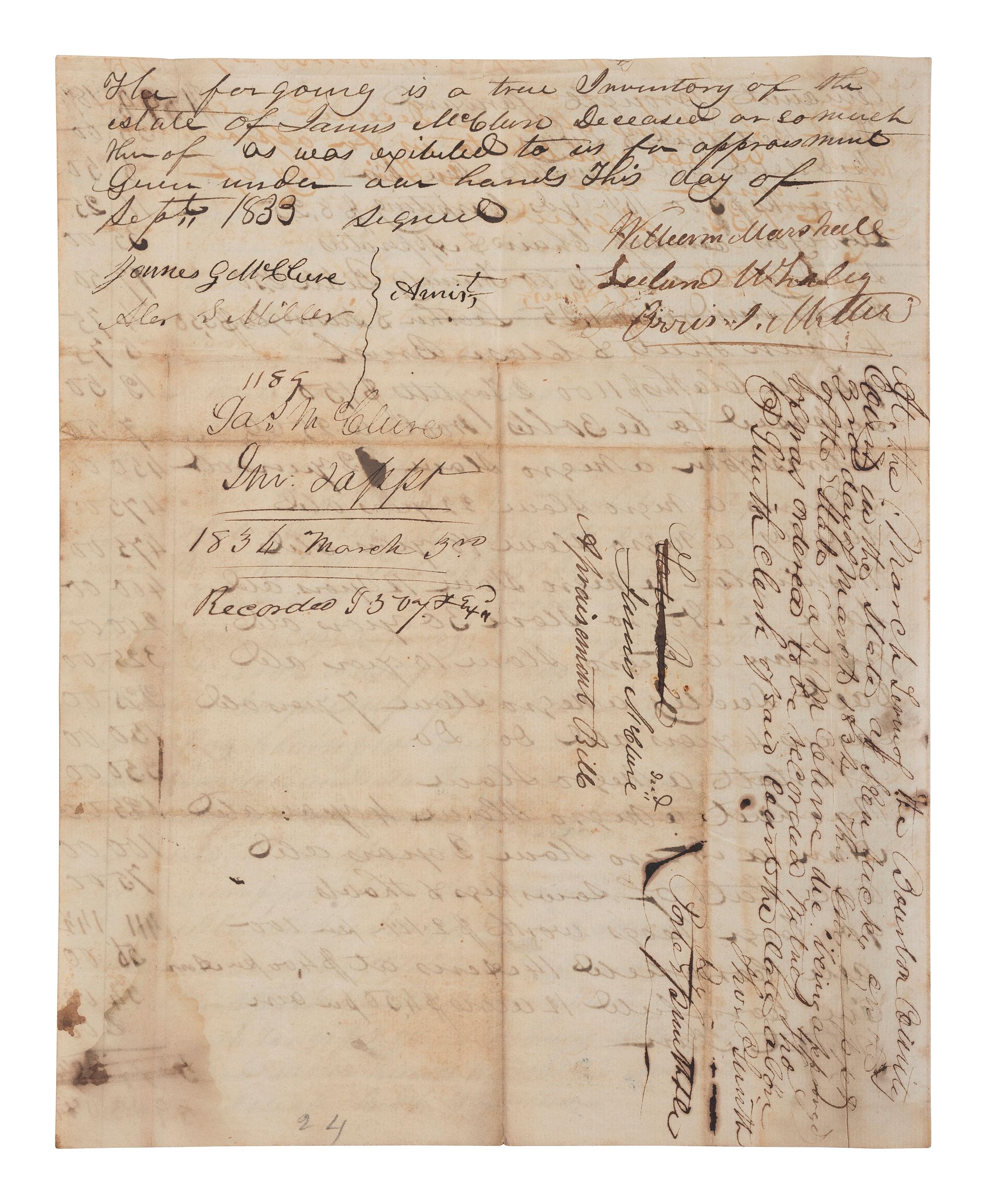 [ENSLAVEMENT & ABOLITION]. 2 estate documents listing enslaved persons, each with name and age included. Bourbon County, KY, 1833, 1854.