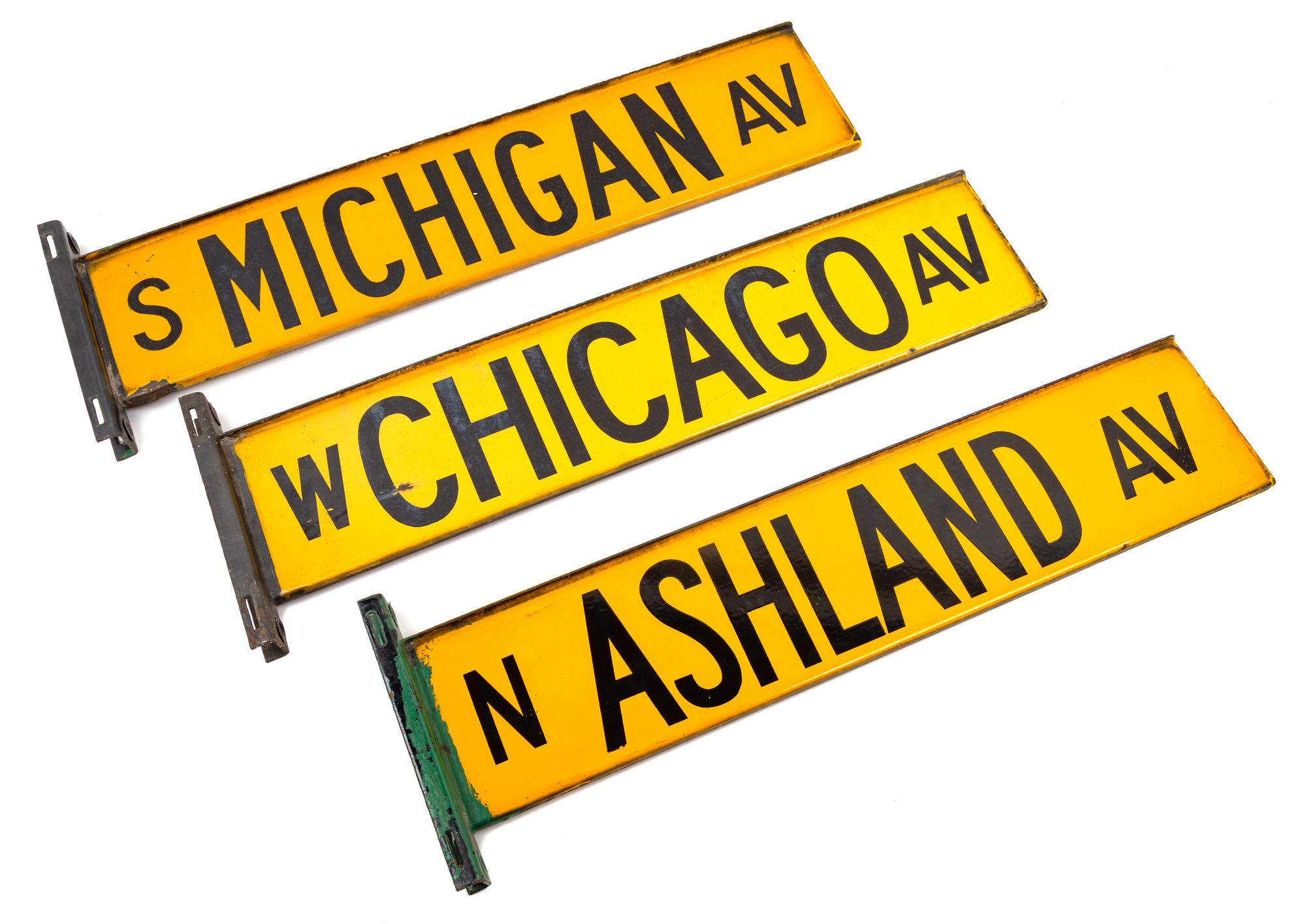 Three Enameled Chicago Street Signs Width with bracket 26 3/4 inches. — MID 20TH CENTURY