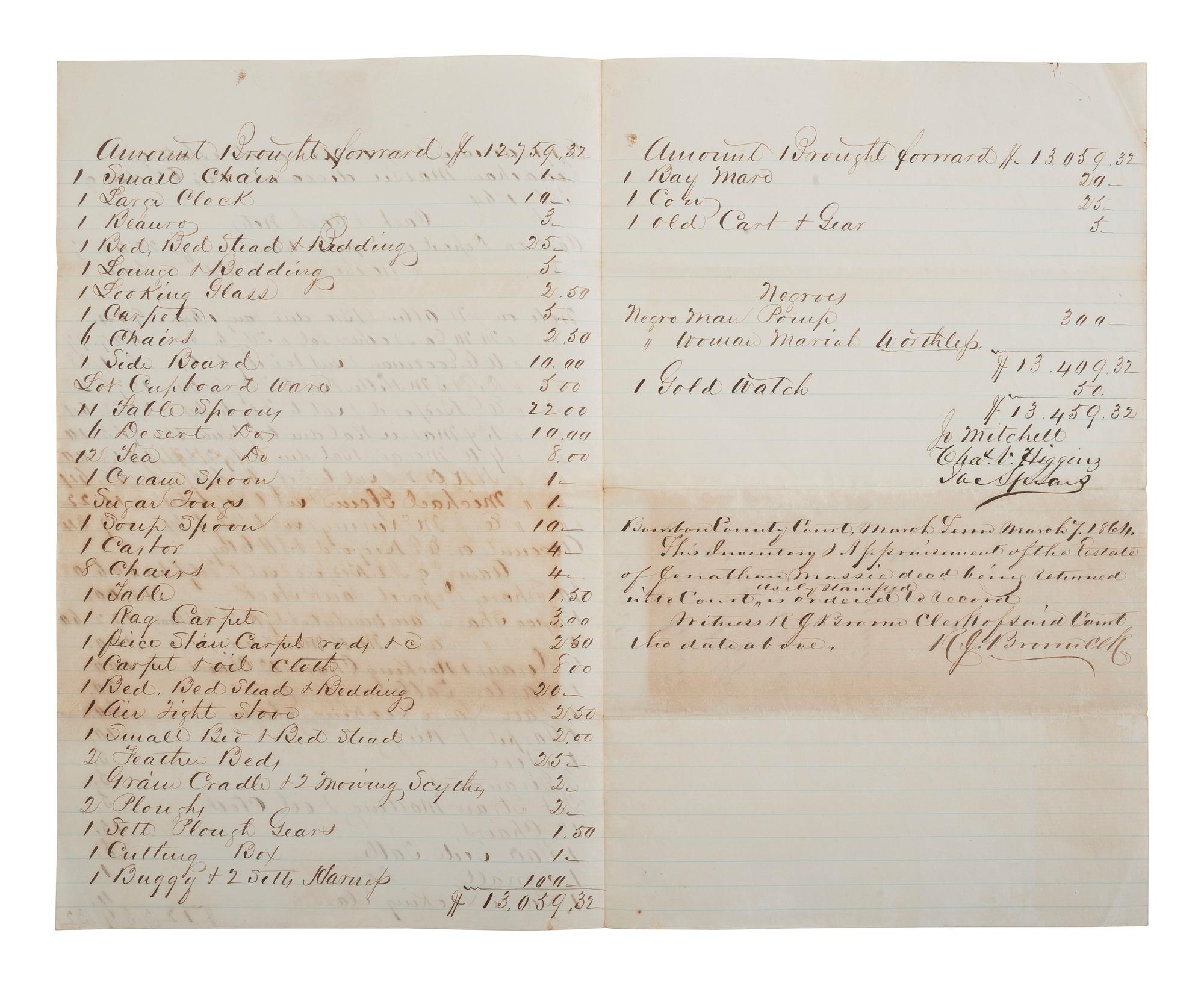 [ENSLAVEMENT & ABOLITION]. 2 Kentucky estate documents listing individual enslaved persons valued at zero dollars or "worthless." 1825, 1864.