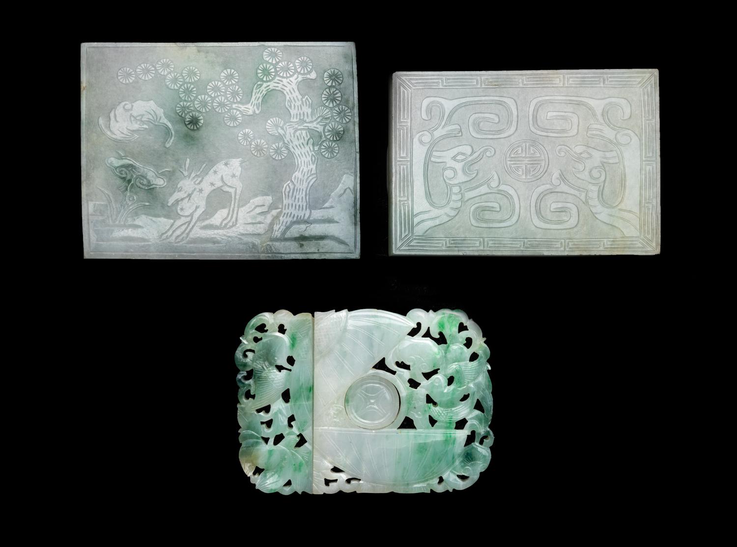 Three Chinese Apple Green and White Jadeite Buckles, 19th-20th Century 清晚期 翡翠帶扣三件