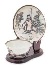 A Chinese Export 'Jesuit' En Grisaille Porcelain Teacup and Saucer