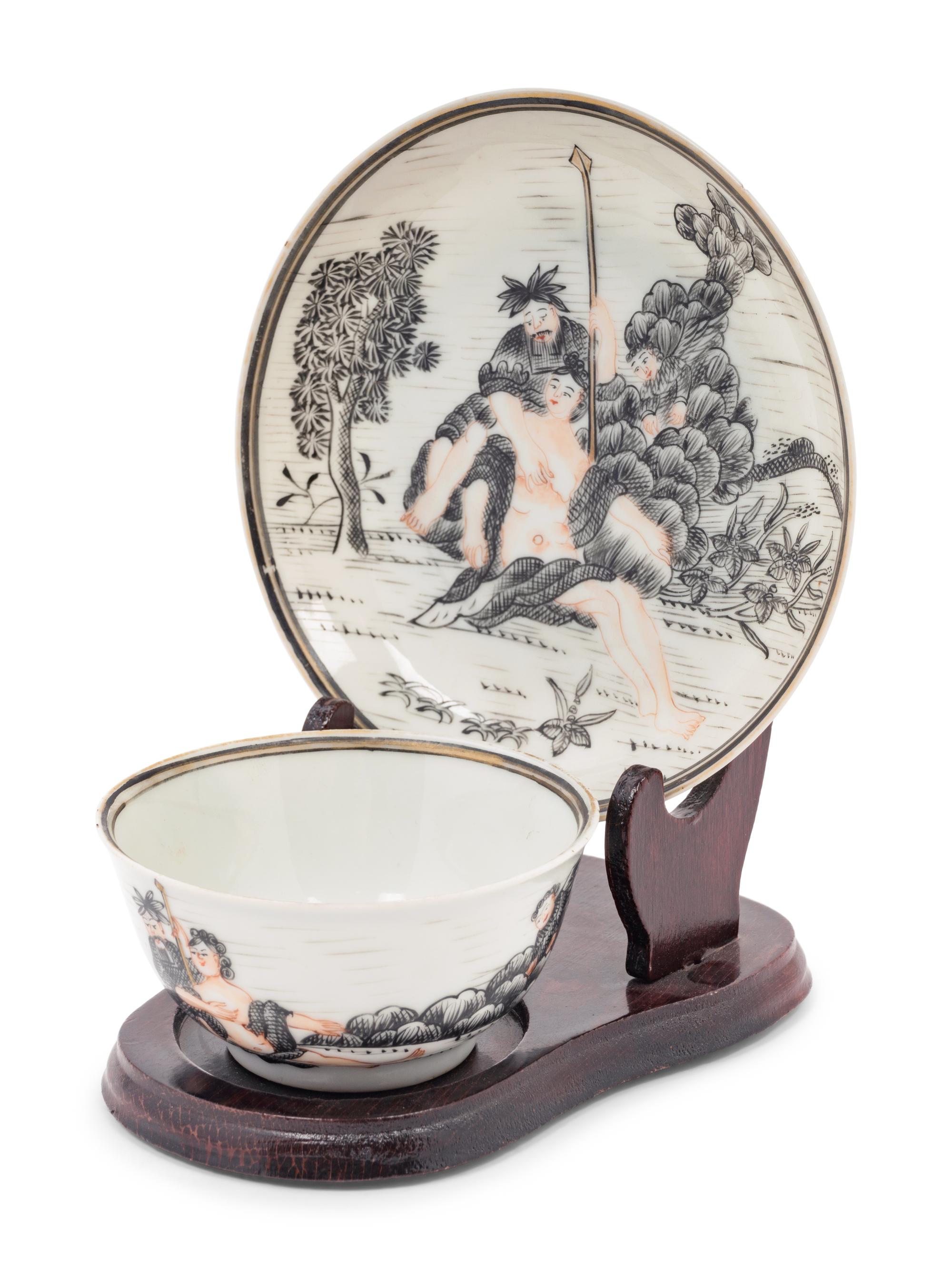 A Chinese Export 'Jesuit' En Grisaille Porcelain Teacup and Saucer