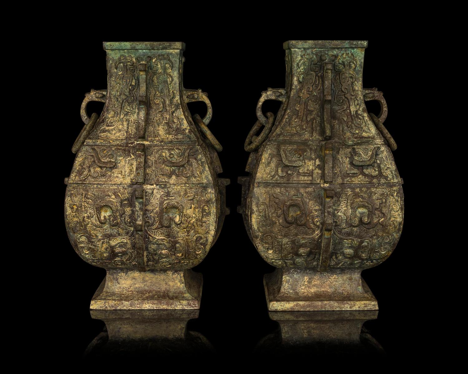 A Pair of Chinese Archaistic Bronze Hu Vases