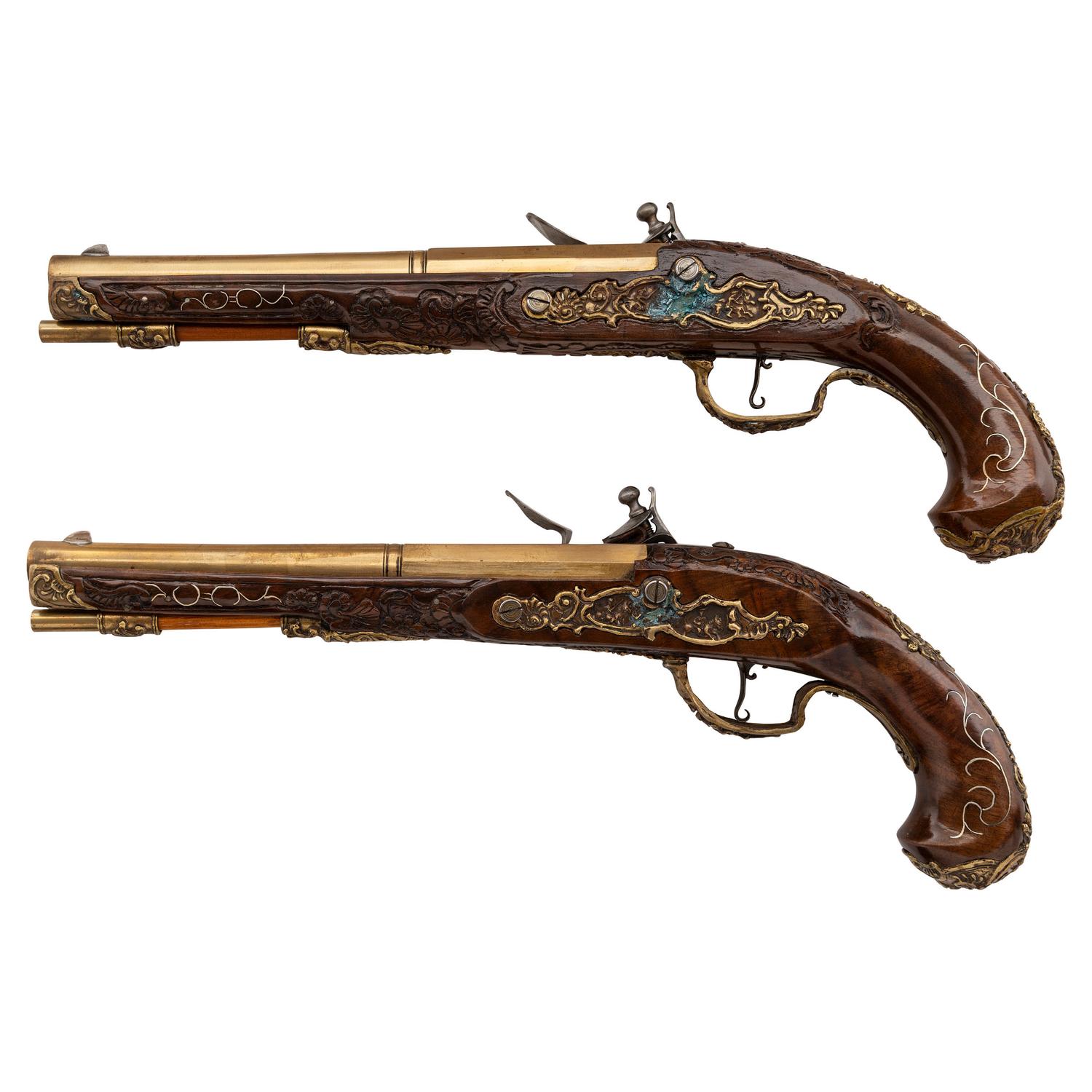 Contemporary Cased Pair of Flintlock Pistols in the Style of Leopold Becher by John B. Derrick (American, b.1936)