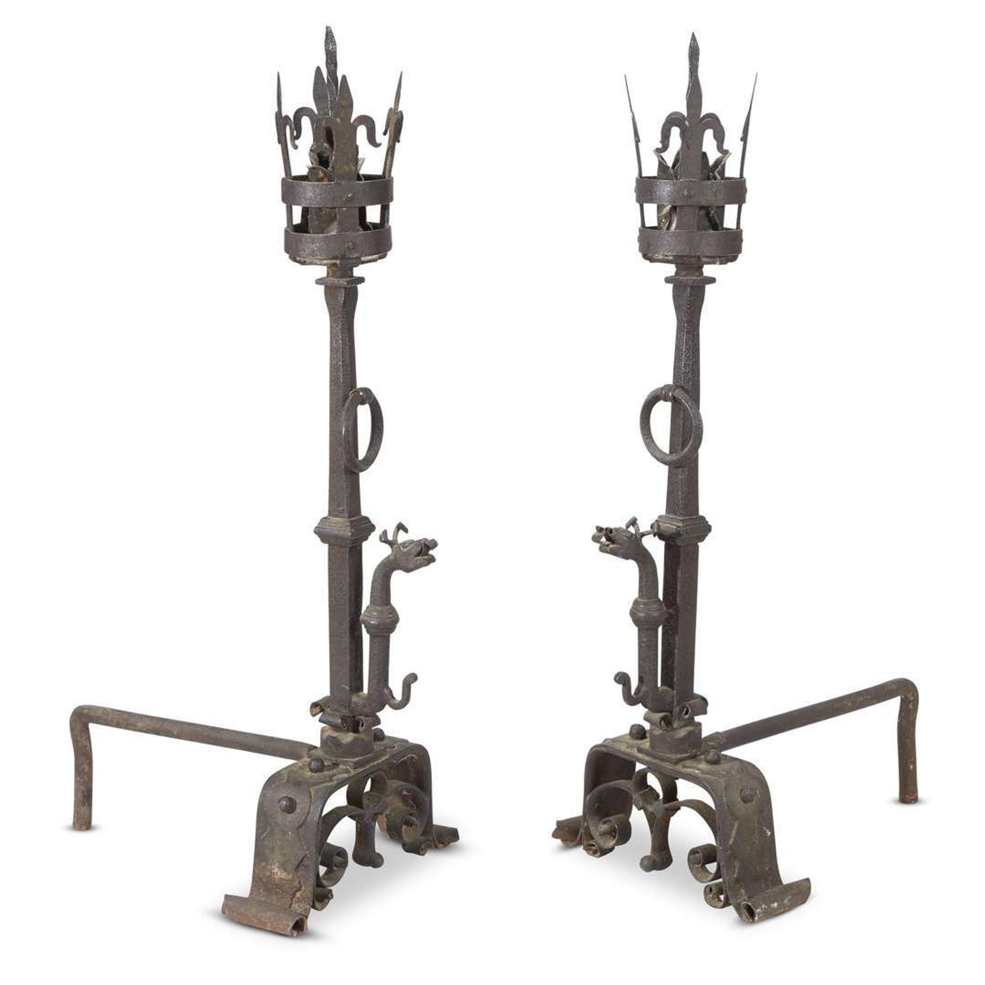 Pair of monumental wrought iron andirons From the Studio and Collection of Samuel Yellin (1884-1940)