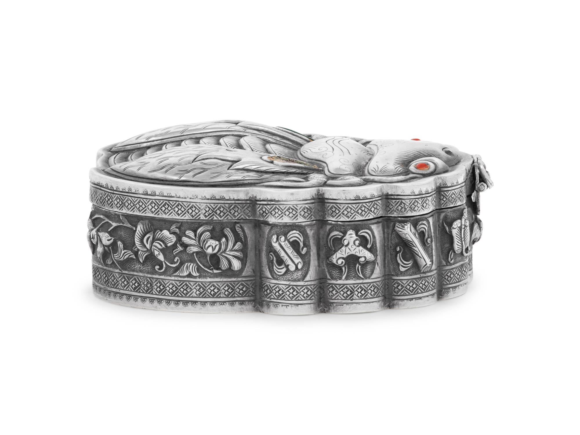 A Chinese Silver and Hardstone Mounted Table Casket