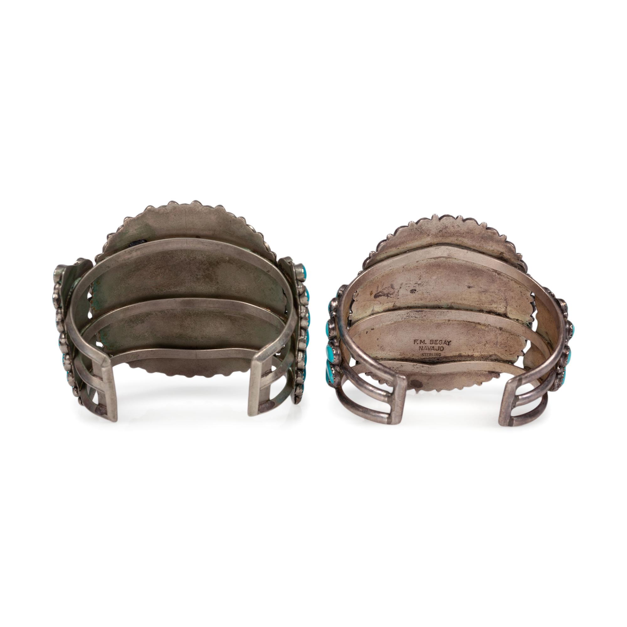 Pair of Navajo Silver and Turquoise Cluster Cuff Bracelets