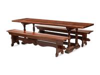 An English Baroque Style Walnut Trestle Table and a Pair of Associated Benches