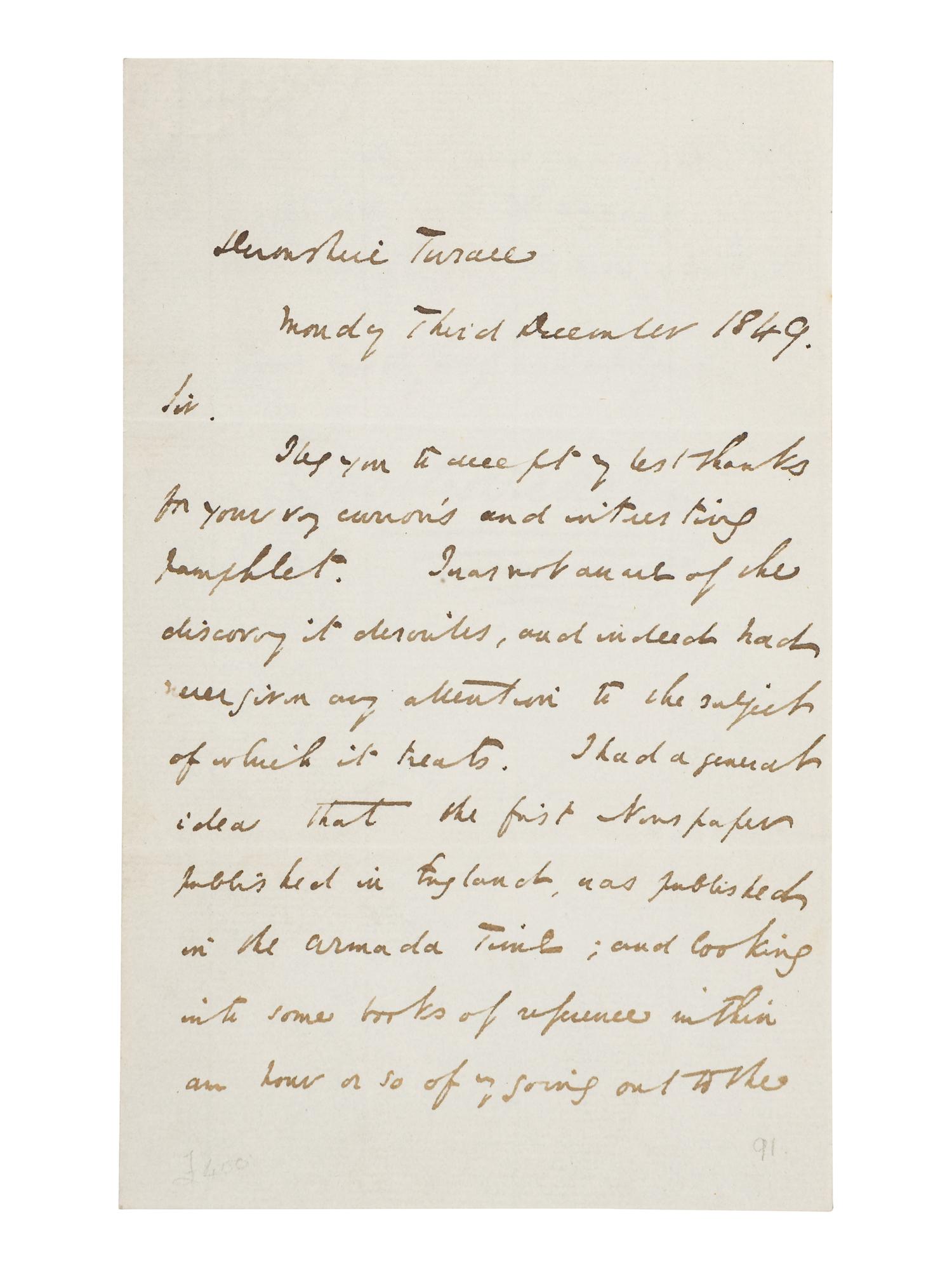DICKENS, Charles (1812-1870). Autograph letter signed (“Charles Dickens”), to Thomas Watts, Devonshire Terrace, 3 December 1849.