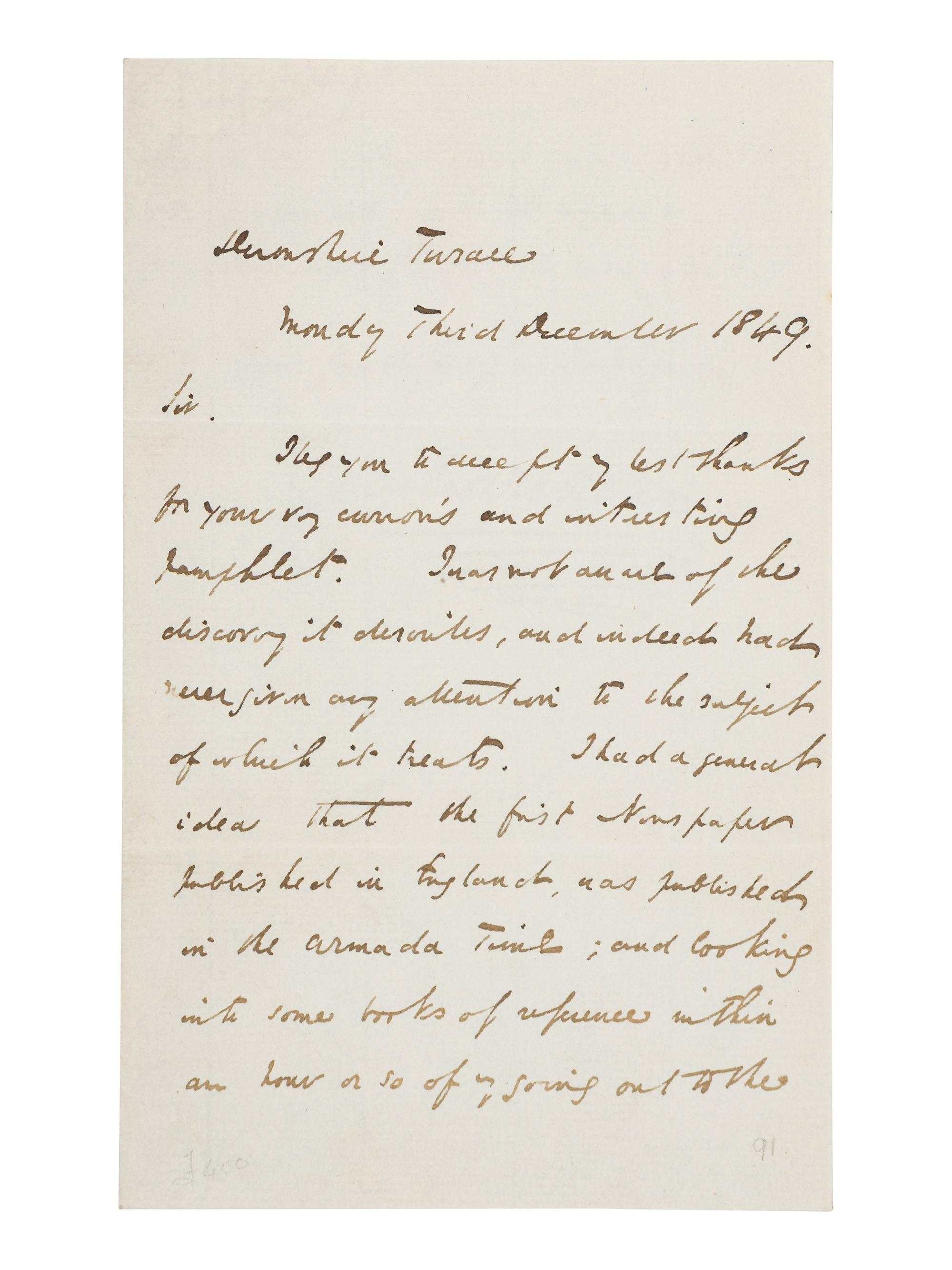 DICKENS, Charles (1812-1870). Autograph letter signed (“Charles Dickens”), to Thomas Watts, Devonshire Terrace, 3 December 1849.
