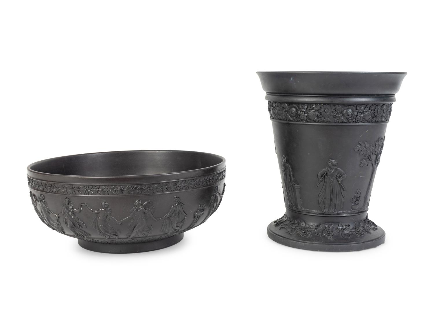 A Wedgwood Black Basalt Bowl and a Tapered Vase — MID-20TH CENTURY