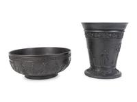 A Wedgwood Black Basalt Bowl and a Tapered Vase — MID-20TH CENTURY
