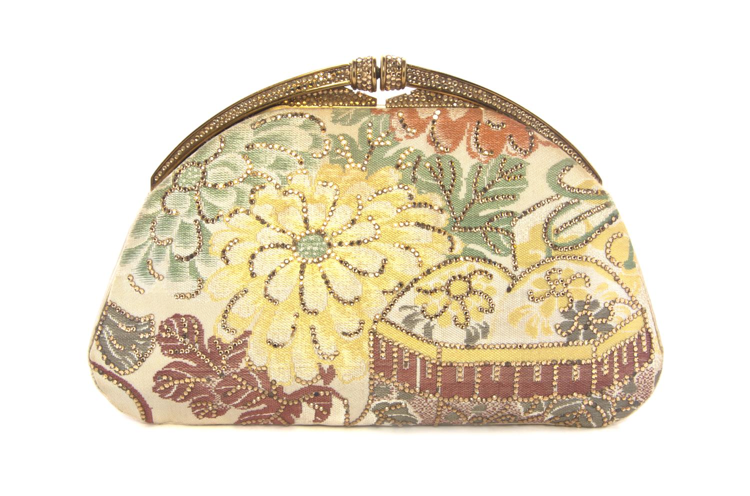 A Judith Leiber Champagne Embroidered Clutch, 9 1/2 x 6 x 1 inches.