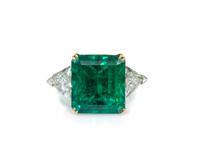 A Platinum, 18 Karat Yellow Gold, Emerald and Diamond Ring, Harry Winston, 6.20 dwts.