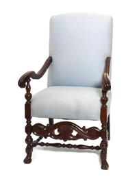 A William and Mary Style Walnut Open Arm Chair Height 43 1/4 x width 27 x depth 28 inches
