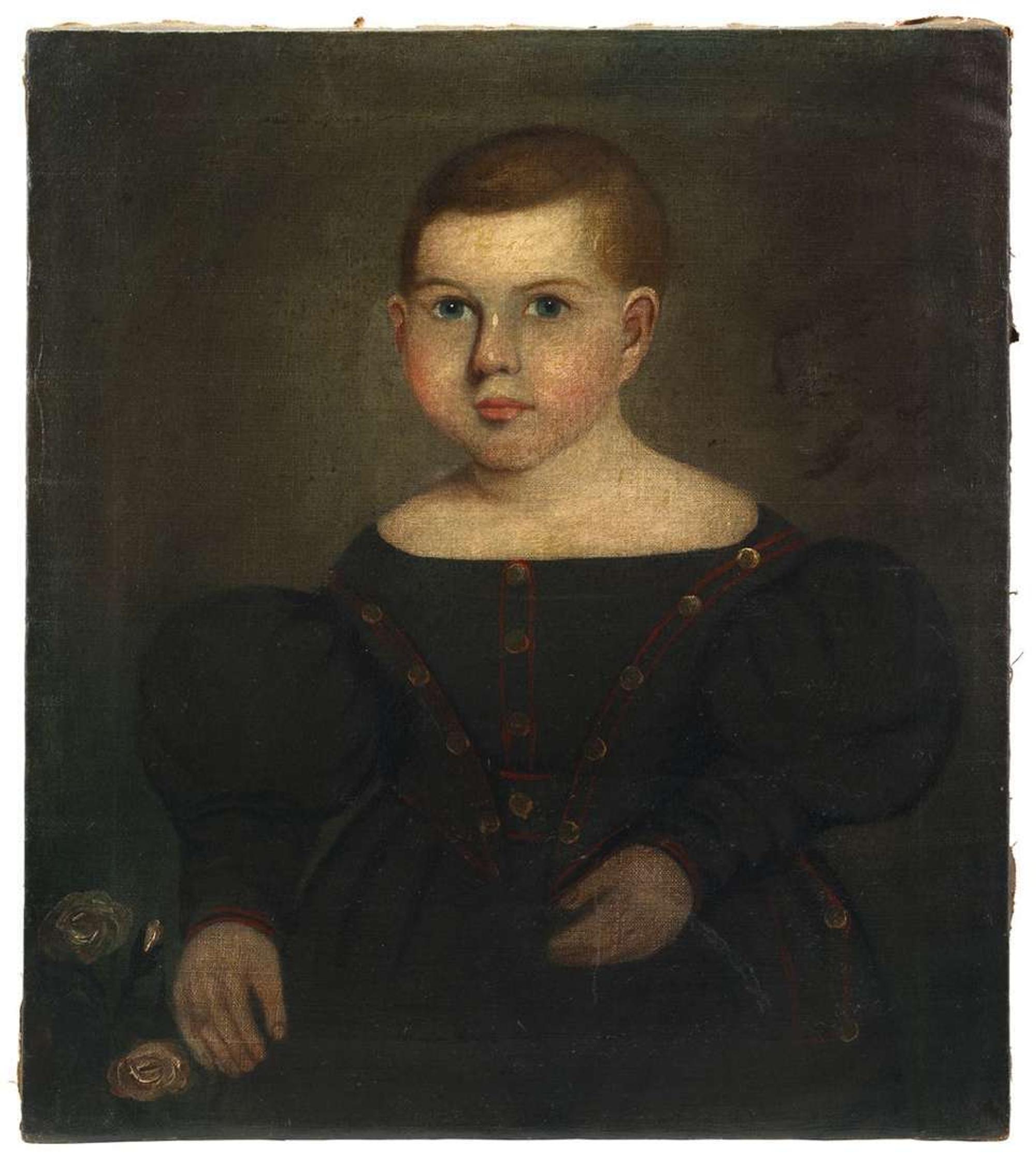 American School 19th century portrait of a little boy in a blue, circa 1830