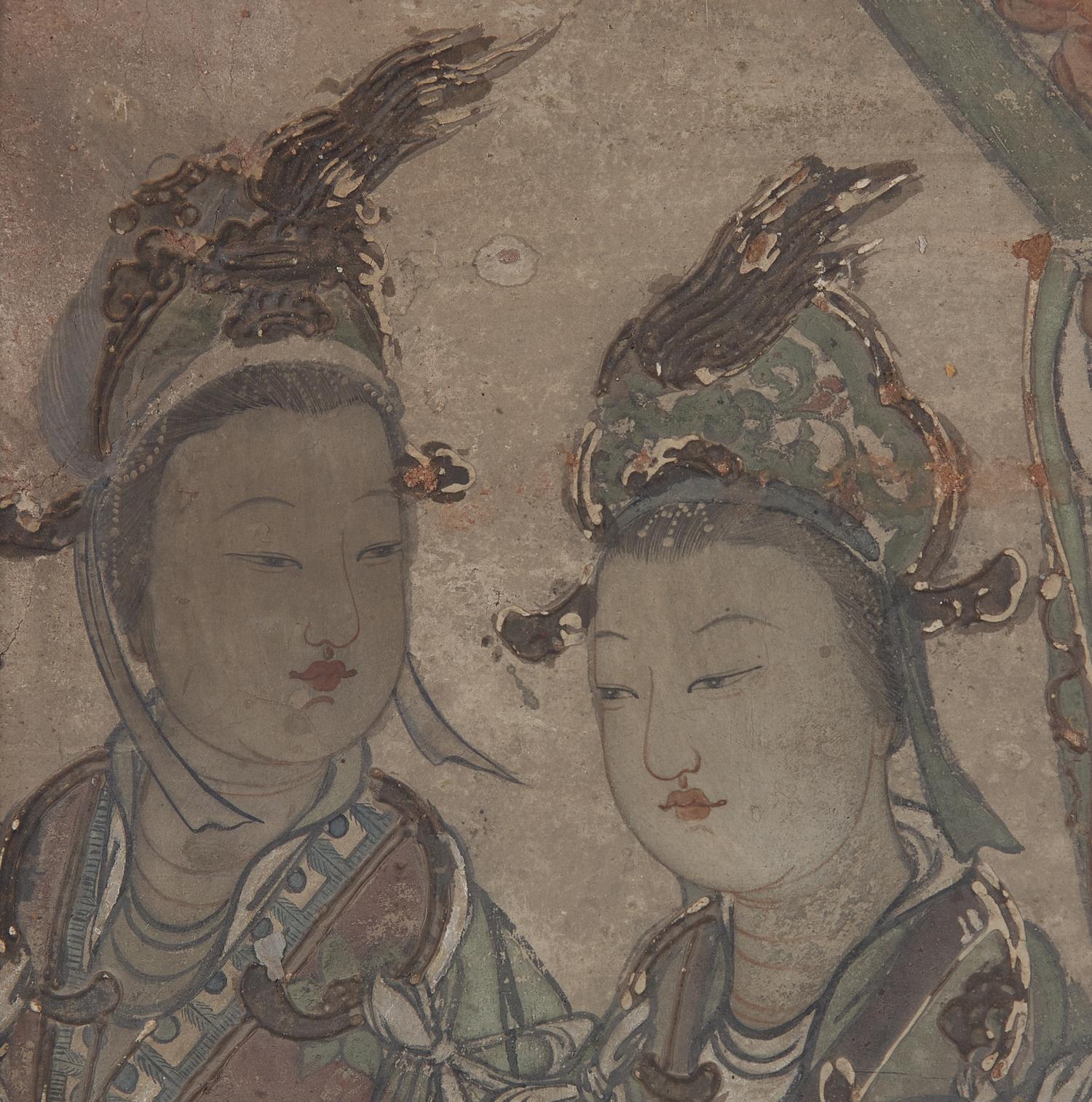 A Chinese Fresco Fragment Depicting Celestial Maidens, Ming Dynasty 明 瀝粉貼金 彩繪琵琶侍女壁畫殘片