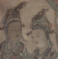 A Chinese Fresco Fragment Depicting Celestial Maidens, Ming Dynasty 明 瀝粉貼金 彩繪琵琶侍女壁畫殘片