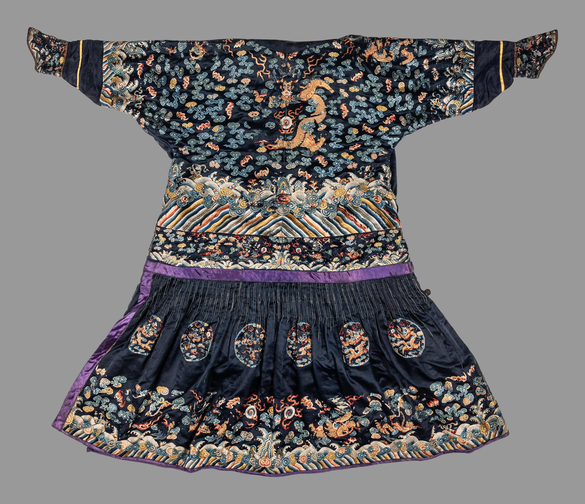 A Chinese Navy Blue Ground Embroidered Silk Court Robe, Chaofu