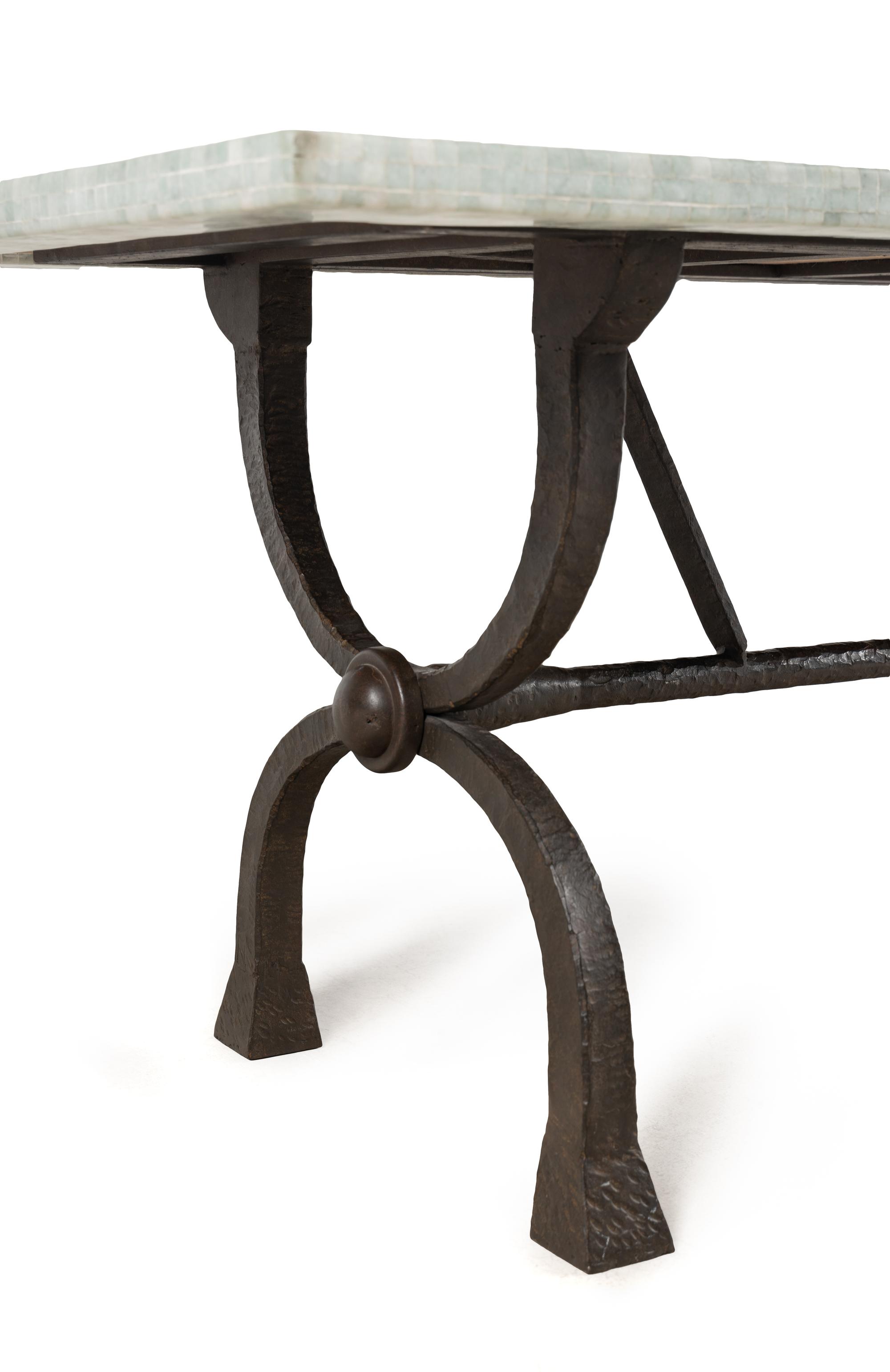 A Custom Roman Style Iron and Mosaic-Top Table