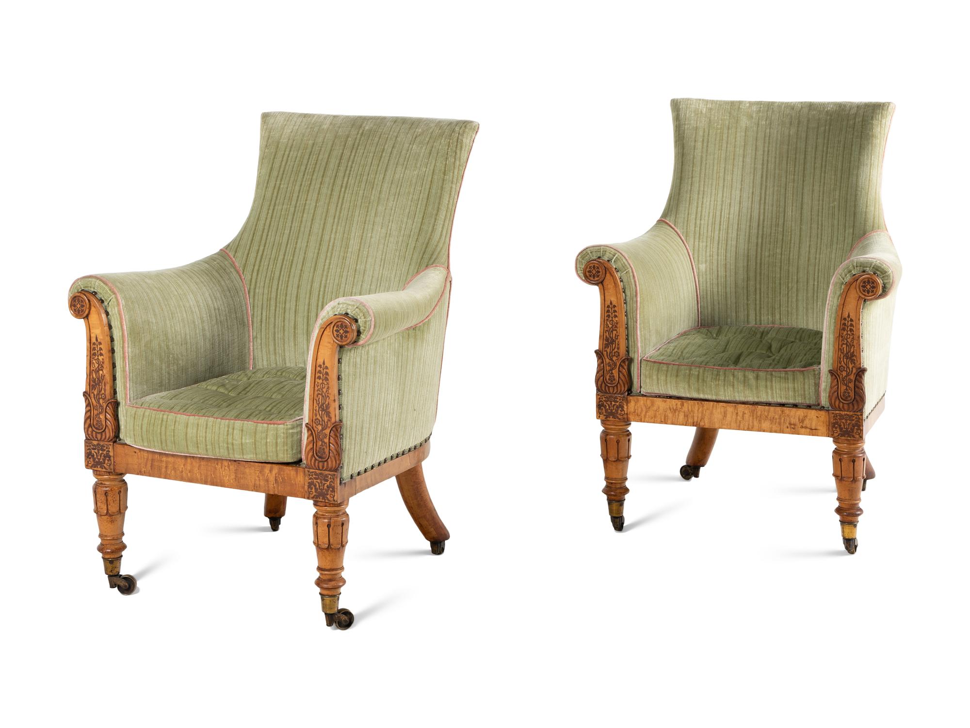 A Pair of Regency Birds-Eye Maple and Marquetry Bergères
