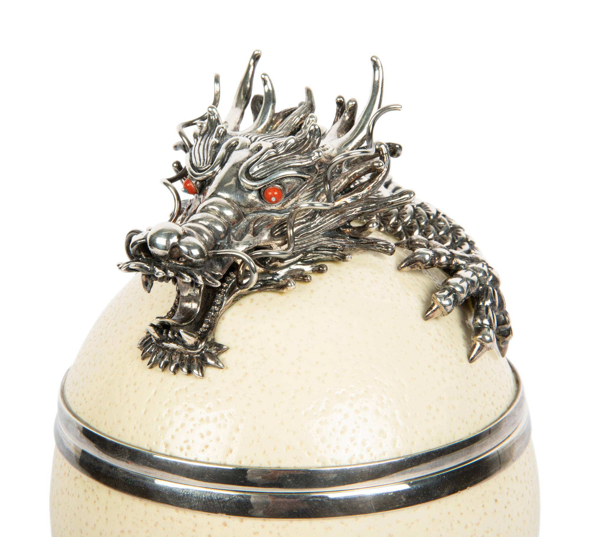 A Silver Mounted Ostrich Egg 'Dragon' Box and Cover