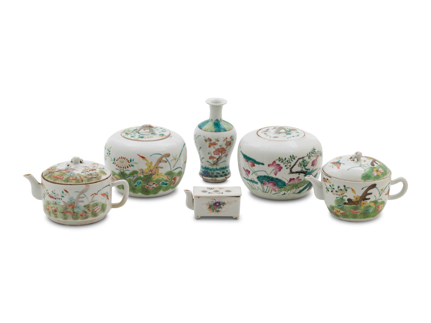 Six Chinese Famille Rose 'Flowers and Butterflies' Porcelain Articles