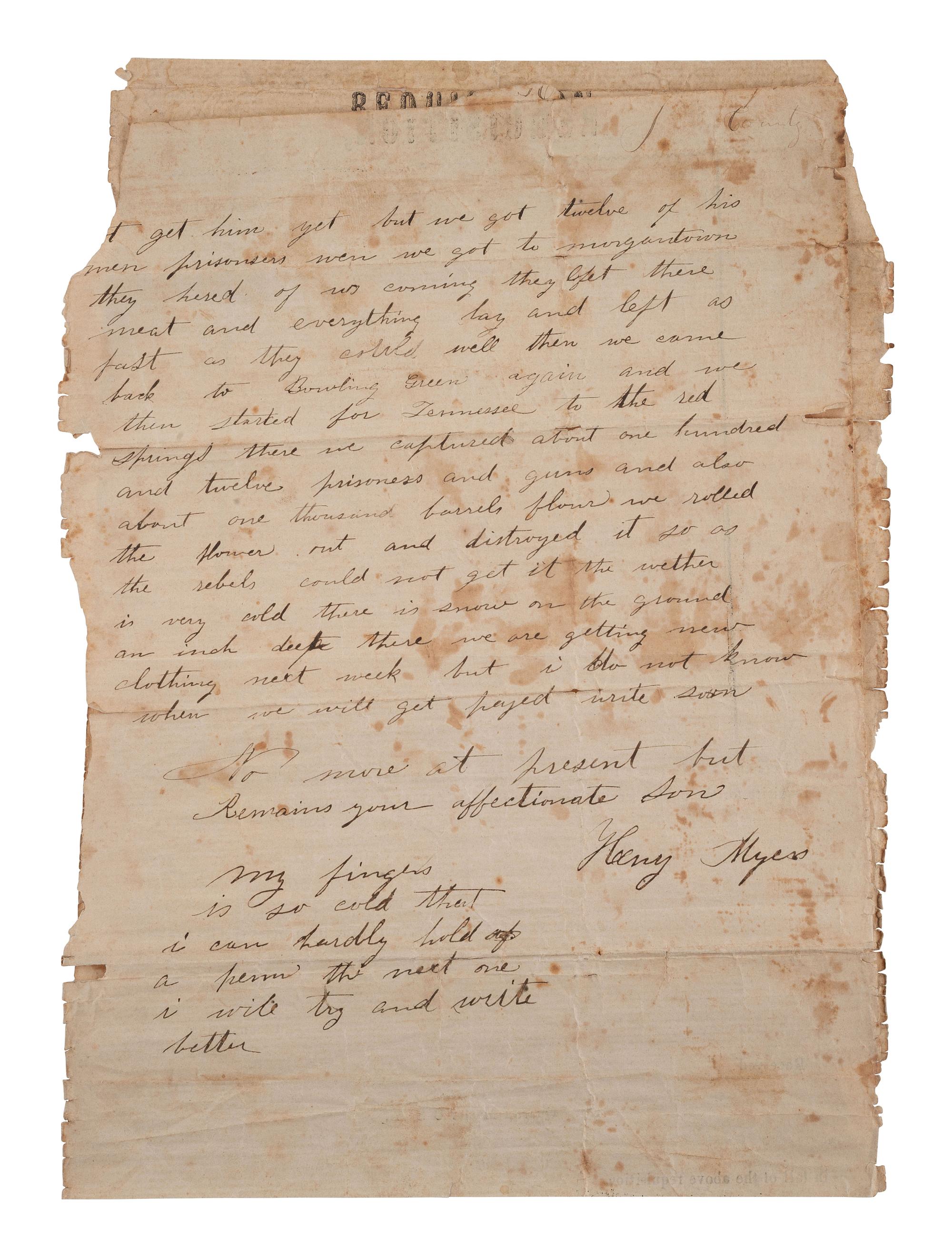 [CIVIL WAR]. Soldier's letter describing encounters with Morgan's Raiders. Warren Co., KY, 1862.