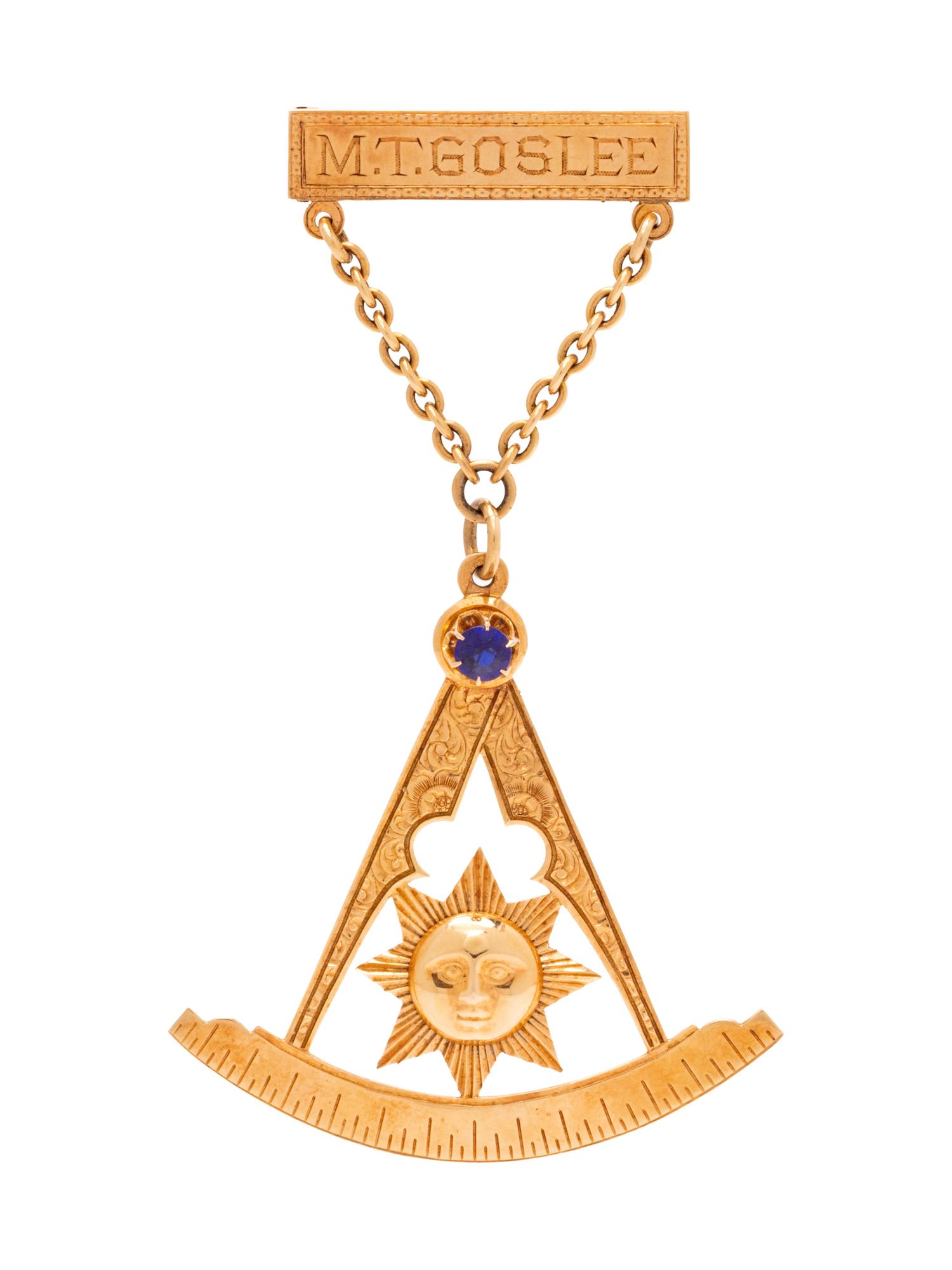 An Antique Rose Gold and Synthetic Stone Masonic Lapel Brooch, Circa 1888,