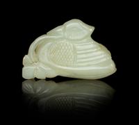 A Carved Celadon Figure of a Duck Length 2 1/4 inches.