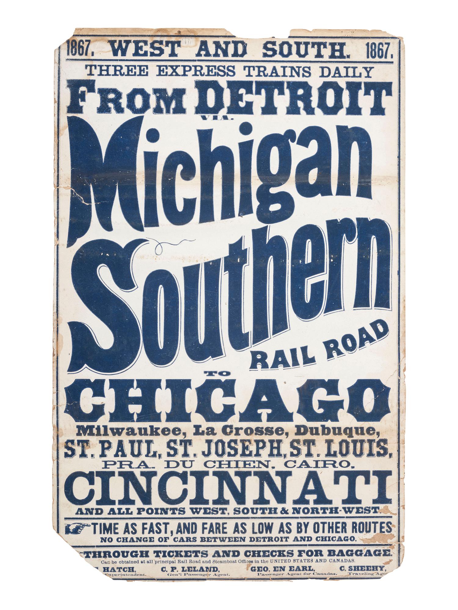 [TRANSPORTATION - RAILROAD]. Three Express Trains Daily from Detroit via. Michigan and Southern Rail Road. Ca 1867.