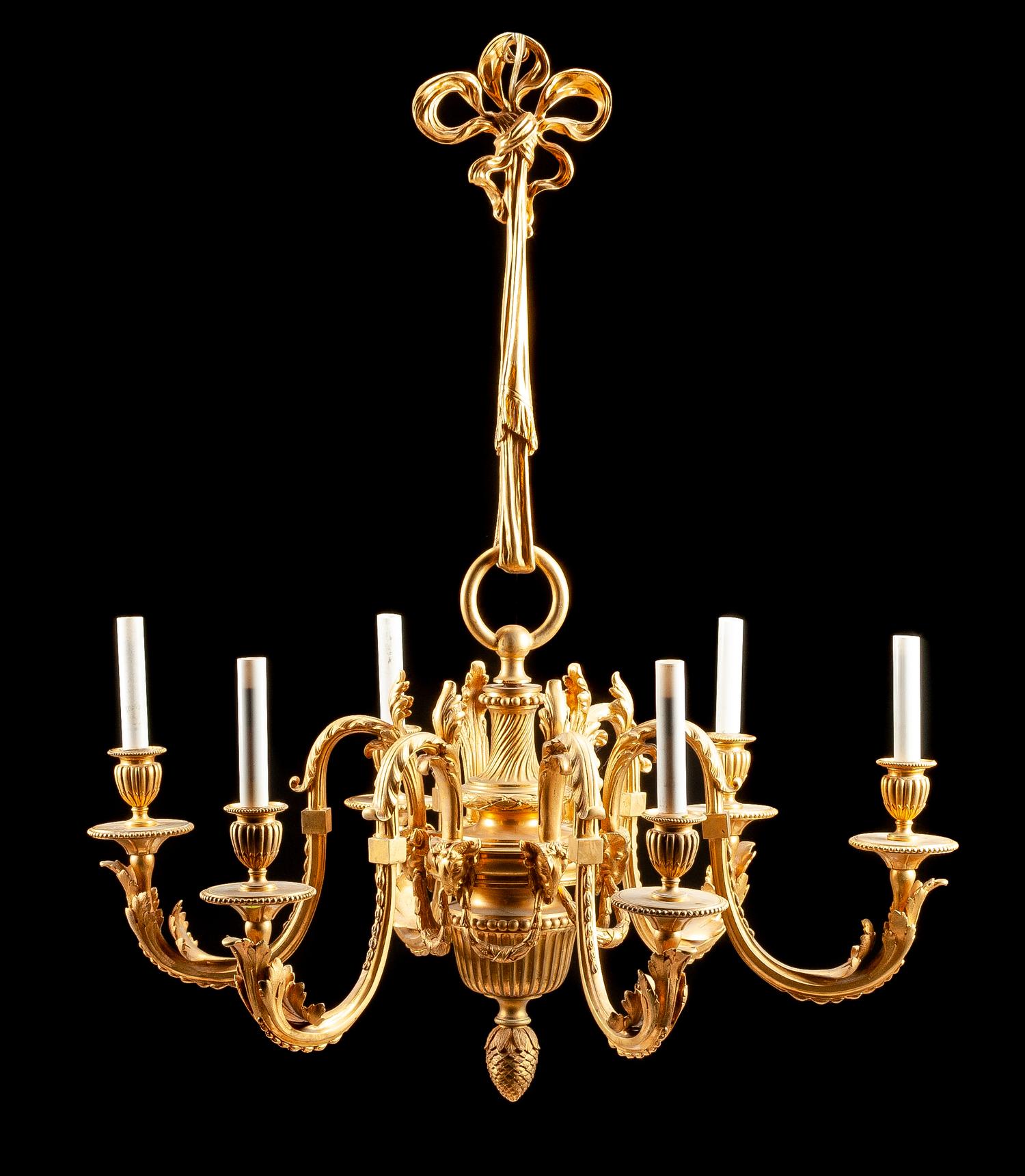 A Louis XV Style Gilt Bronze Six-Light Chandelier Height 37 x diameter 30 inches.