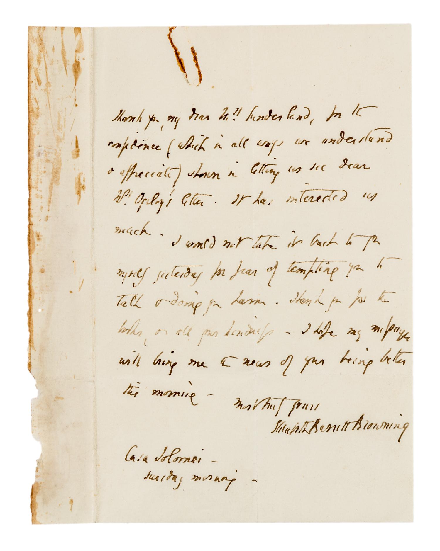 BROWNING, Elizabeth Barrett. Autographed letter signed ("Elizabeth Barrett Browning"), to Mrs. Sunderland, Casa Solomei [Italy], n.d.
