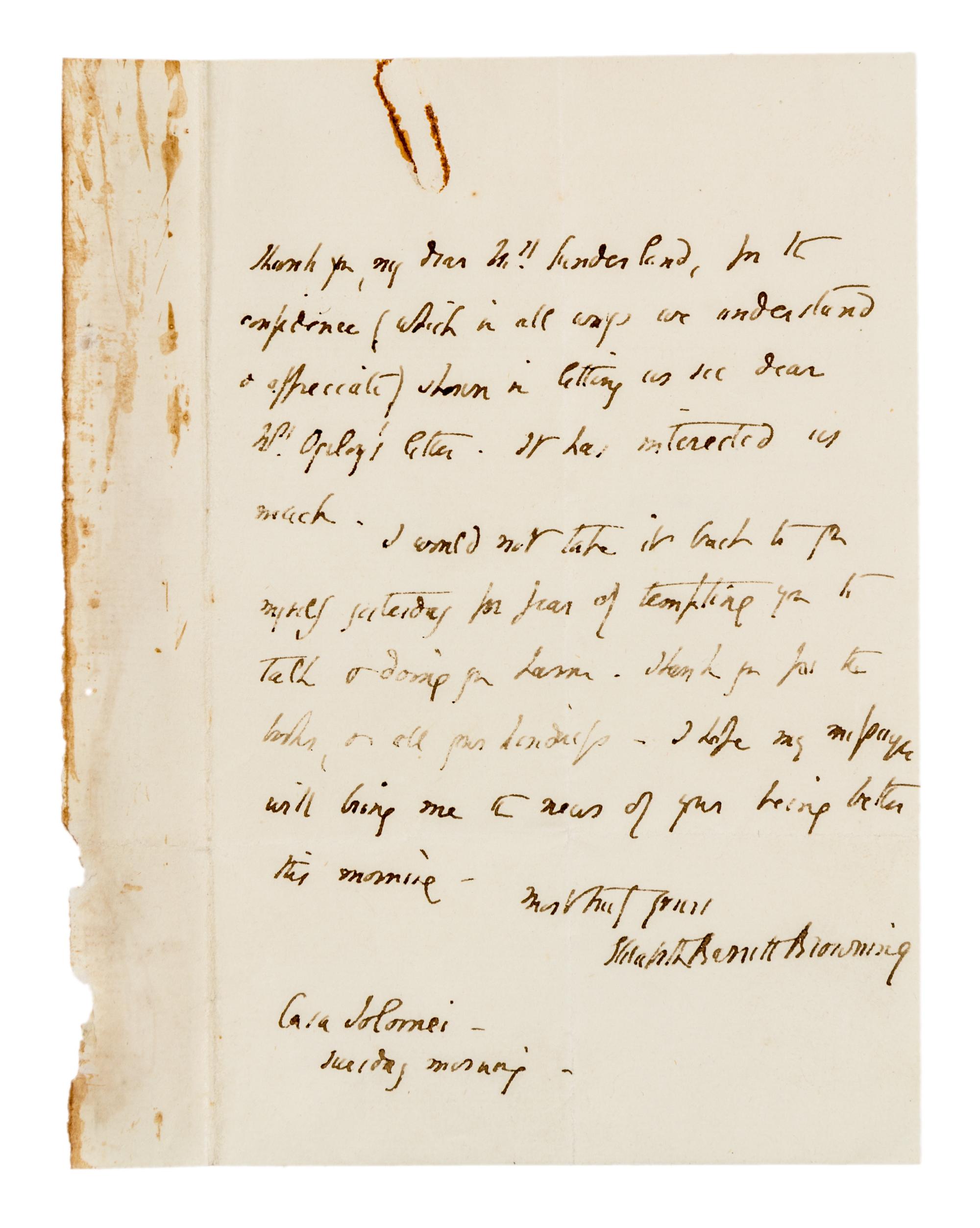 BROWNING, Elizabeth Barrett. Autographed letter signed ("Elizabeth Barrett Browning"), to Mrs. Sunderland, Casa Solomei [Italy], n.d.
