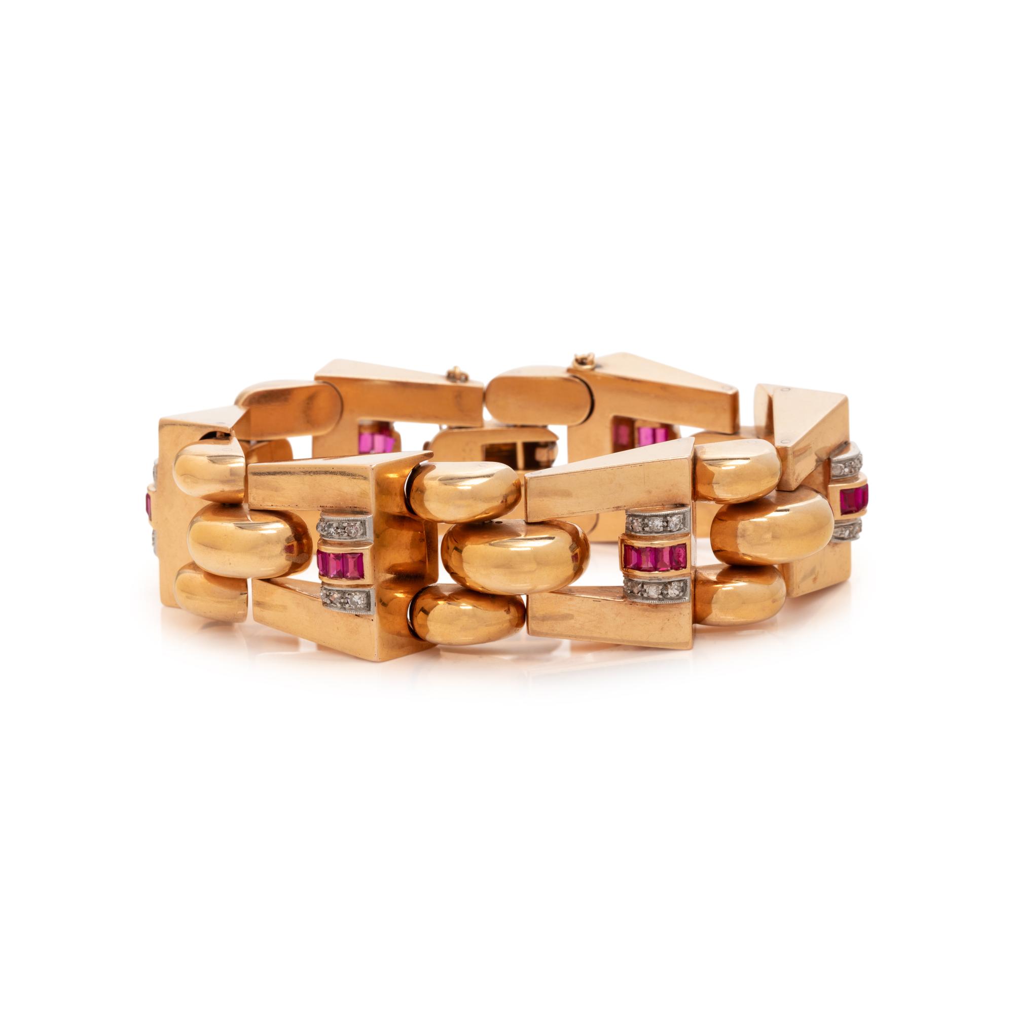 RETRO, ROSE GOLD, PLATINUM, DIAMOND AND SYNTHETIC RUBY BRACELET