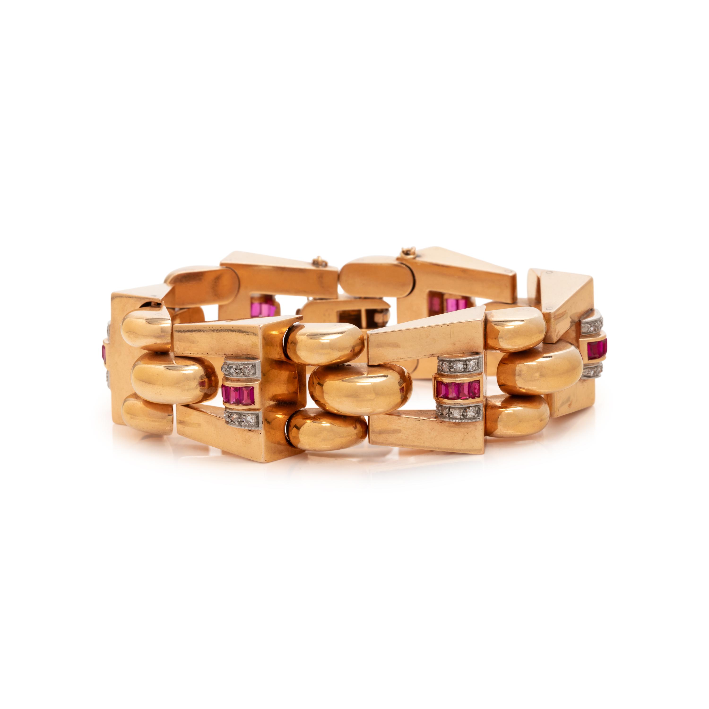 RETRO, ROSE GOLD, PLATINUM, DIAMOND AND SYNTHETIC RUBY BRACELET