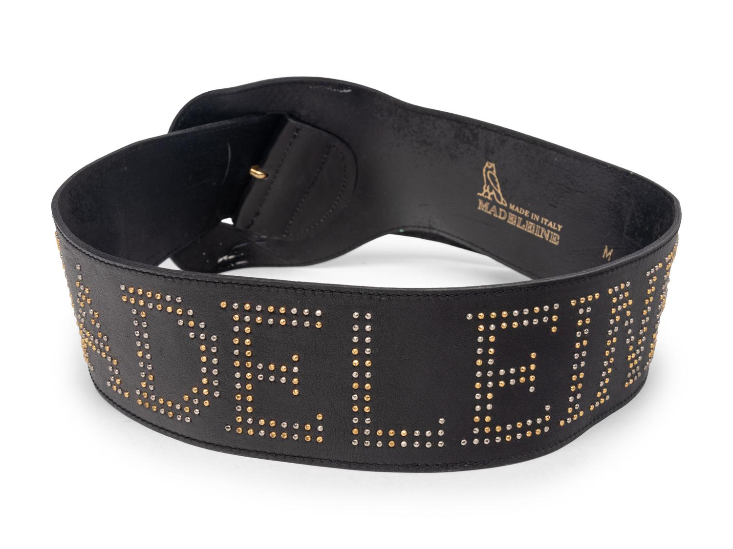 Black Studded Leather Belt Reading "Madeleine"