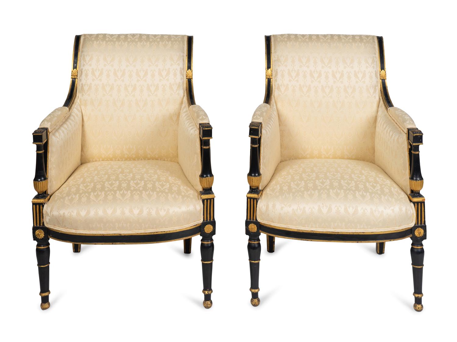 A Pair of Directoire Parcel-Gilt and Painted Bergeres — EARLY 19TH CENTURY