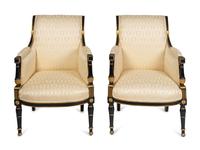 A Pair of Directoire Parcel-Gilt and Painted Bergeres — EARLY 19TH CENTURY